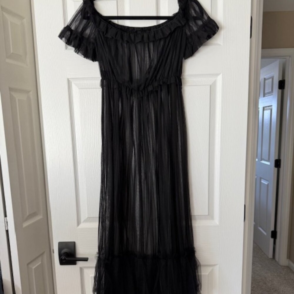 Women's Off Shoulder Ruffle Mesh Maxi Dress Size M Black - Picture 2 of 3